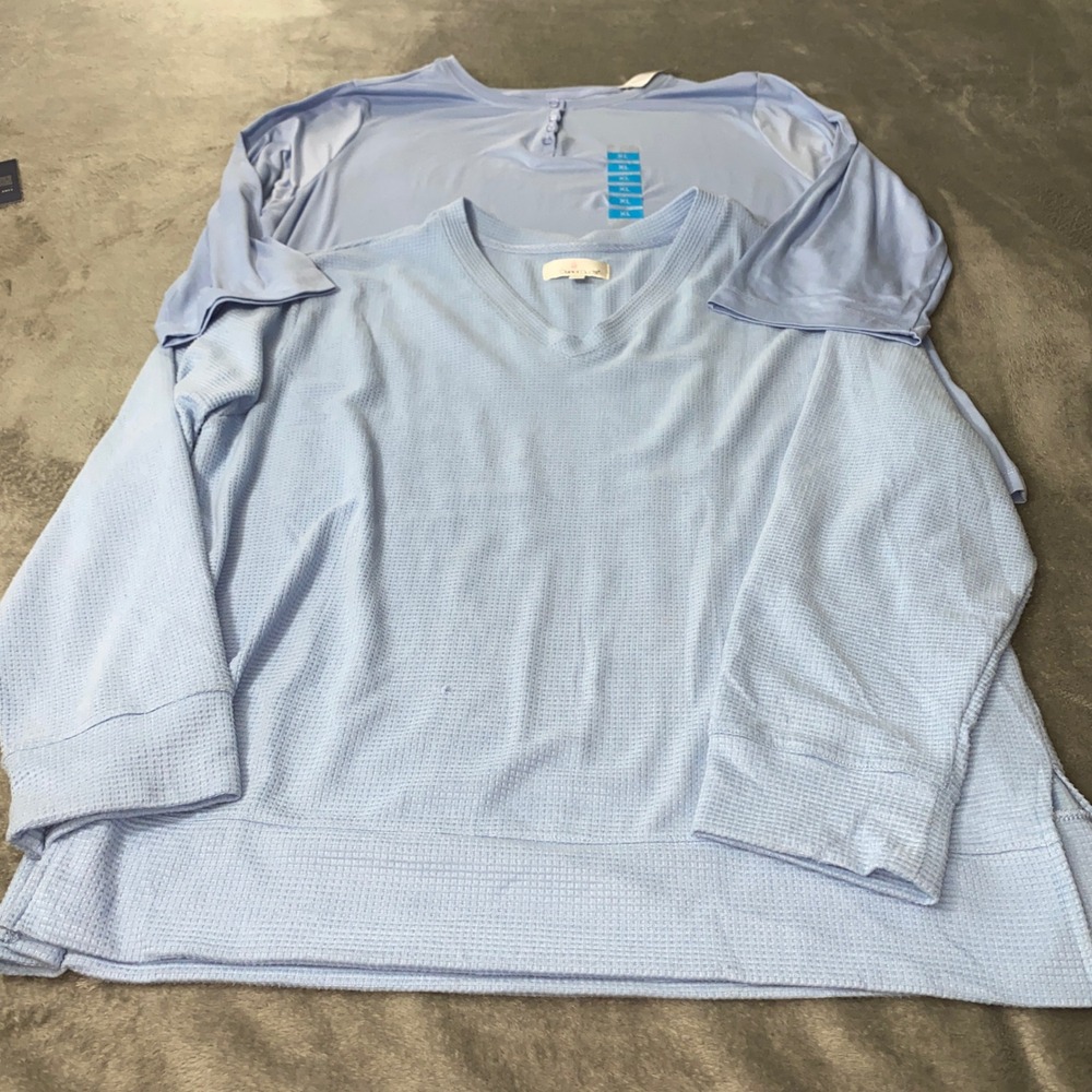 Cuddl Duds 2pc Tops only Womens XL Loungewear Blue Waffle Knit V-Neck & Henley
